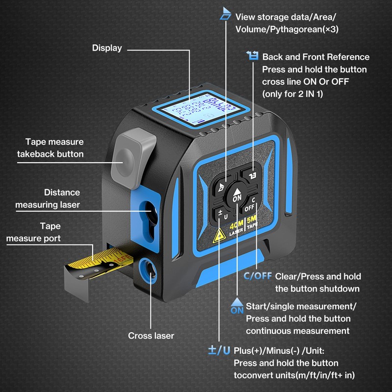 2-in-1 Laser Tape Measure, Lytool 130Ft/40m Laser Measurement Tool, 16Ft/5m