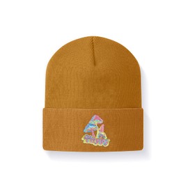 Ulikuwa Knit Cuffed Beanie Hat for Women Men, Embroidery Psychedelic Mushrooms Acrylic Soft Warm Winter Hats, Brown