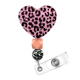 Pink Cheetah Badge Reel Leopard Cow Print Glittery Heart Retractable Cute Cord Alligator Clips Mental Health Accessories ID Name Holder Gift Set for Nurse Teacher Medical Healthcare