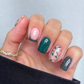Green Press on Nails Medium French Tip Square Fake Nails Leaves Acrylic Nails Glossy Gold Glitter Glue on Nails Full Cover False Nails Fall Stick on Nails for Women 24 Pcs