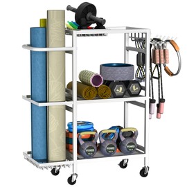 Home Gym Storage Rack, 3 Tier Yoga Mat Storage Rack with Wheel for Yoga Lover, Exercise Equipment and Workout Equipment Organizer, Yoga Mat Holder for Yoga Mats, Foam Roller and Dumbbells, White