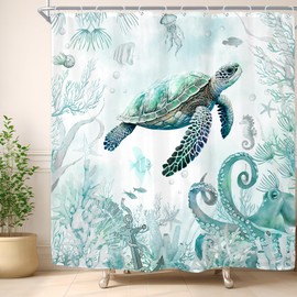 Riyidecor Teal Beach Sea Turtle Shower Curtain for Bathroom Decor 72Wx72H Ocean Marine Coastal Nautical Turquoise Seaside Octopus Art Printed Fabric Polyester Waterproof 12 Pack Plastic Hooks