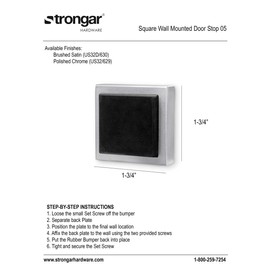 STRONGAR Modern & Contemporary Square Stainless Steel Wall Mounted Door Stop Bumper - Polished (US32D/630) - Heavy Duty - Prevents Damage to Walls - Easy to Install (3-Pack)
