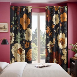 jinchan Vintage Floral Curtains for Bedroom Blackout Drapes for Living Room Darkening Textured Fabric Flower Pattern Printed Curtains 90 Inches Length 2 Panels Set with Grommet Black