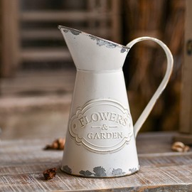 JSY-UP Rustic Metal Flower Vase, White Shabby Chic Vintage Farmhouse Jug Vase,Galvanized Milk Jug Pitcher for Home Decoration - 8.7"