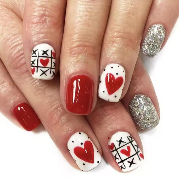 24Pcs Valentines Heart Press on Nails Short Square Red Valentines