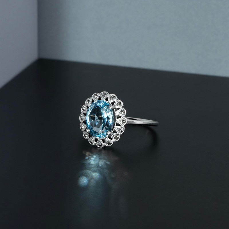 Esse Marcasite Sterling Silver Black Enamel Victorian Blue Topaz &