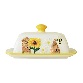 HAN SHENG Ceramic Butter Dish with Lid Honeycomb Embossed Airtight Butter Keeper Butter Container Farmhouse Design for Countertop Storage Rustic Kitchen Decor, Bee Garden Theme Gift for Butter Lovers