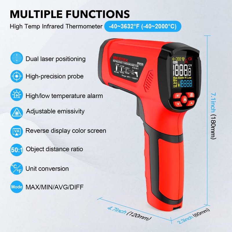 MESTEK Infrared Thermometer Temperature Gun, -40℉~3632℉, Non Contact Digital Laser
