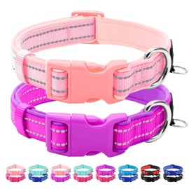 azuza 2 Pack Neoprene Padded Dog Collar for Small Dogs, Reflective Dog Collar with ID Tag Ring, Adjustable Safe and Comfy Dog Collars,Purple/Pink,XS
