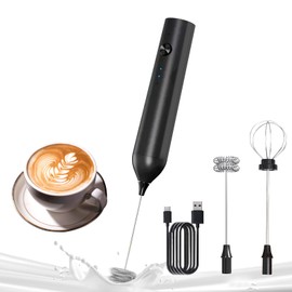 YARRAMATE Electric Milk Frother Wand, Fast Rechargeable Coffee Mixer with 2 Heads 3 Speeds, Handheld Drink Stirrer, Whisk Foam Maker for Lattes, Cappuccino, Matcha, Hot Chocolate (Black)