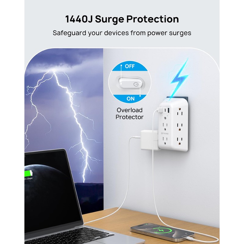 TROND Outlet Extender with USB-C, 8AC Outlet Splitter 3 USB