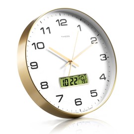 TIMESS Wall Clock, 14" Large Dial Non-Ticking Silent Battery Operated Analog with LCD Display for Perpetual Calendar and F° Temperature, Ideal Modern Home, Bedroom, Office Decor (Gold)