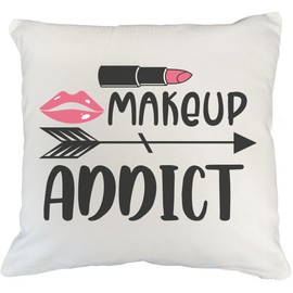 Makeup Addict Text w/Pink Lipstick & Lips Graphic Design - Beauty Themed Merch for Makeup Artist or Cosmetologist, Gift for Makeup Lovers, Pillow Cover, White 20X20 in