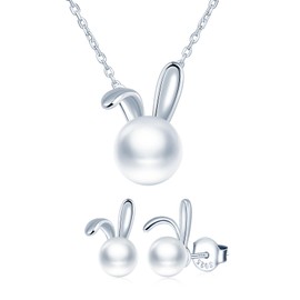 MICMIF 925 Sterling Silver Jewellery Set Women's Rabbit Pendant Chain Earrings Set Rabbit Jewellery Set Necklace Stud Earrings Silver for Women Girls, Sterling Silver Pearl, Pearl