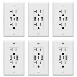 TOPGREENER USB Outlet, 3-Port Type C USB Wall Outlet, 20 Amp Tamper-Resistant Receptacle Plug, 20A Charging Power Outlet with USB Ports, UL Listed, TU22036AC3-6PCS, White, 6 Pack