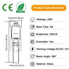 Lacnooe G4 Halogen Bulb 20W, 12 Pack Dimmable G4 Light Bulb for Under Cabinet Puck Light, Chandeliers, Track Lighting, AC/DC 12 Volt, T3 JC Type Bi-Pin G4 Base, Warm White 2700K-3000K