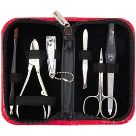 DREI SCHWERTER - Germany 6-Piece Manicure Set 'Torino' | Nail Care Set in Red Faux Leather Case | Contents: Cuticle Scissors, Nail Clippers, Nail Clippers, Tweezers, Sapphire Nail File, Cuticle