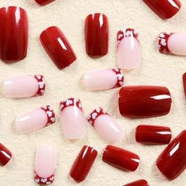 Valentine's Day Press on Nails Short Cute French Tip Heart Design Fake Nails Glossy Red Solid Color False Nails with Glue on Nails Medium Square Artificial Nails Reusable Stick on Nail for Women 24Pcs