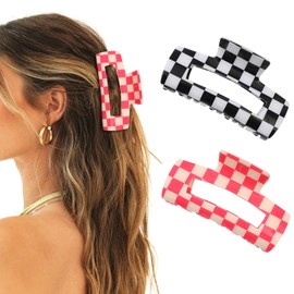 Paderison 2Pcs Checkered Rectangle Multicolored Claw Barrettes - Strong Hold Y2K Hair Accessories for Thin and Thick Hair (Red)