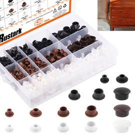 Rustark 630Pcs Plastic Hole Plug Assortment Kit - 5 6 8 10 14mm Round Button Locking Plugs, Snap-in Flush Type Screw Cap Cover for Cabinet Cupboard Shelf - White Black Brown
