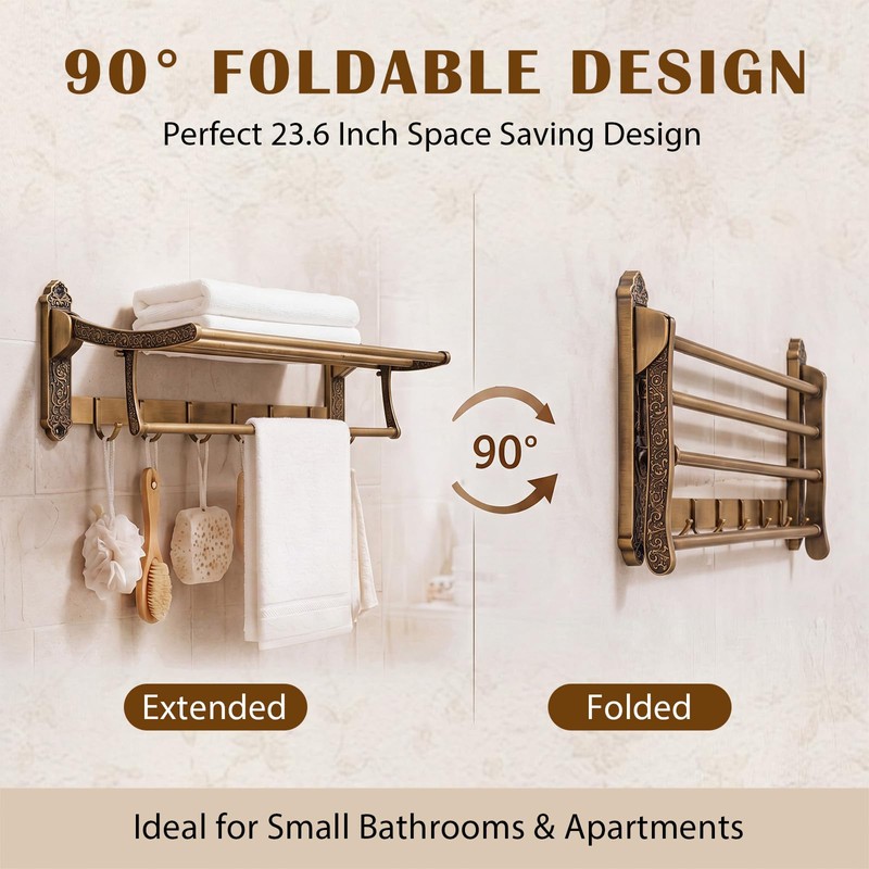 24" Vintage Style Brass Foldable Towel Rack with Hook, Gold