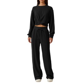 QINSEN Women 2 Piece Outfits Sweatsuit Set Twist Front Cropped Sweatshirt Wide Leg Sweatpant Lounge Set Tracksuit Black XL