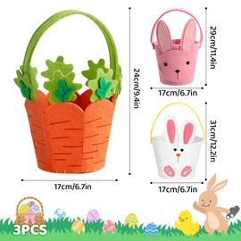 panemy Felt Easter Bunny, Pack of 3 Easter Baskets, Easter Bunnies, Easter Basket Children with Handle, Easter Bunny Bags, Easter Bags Made of Felt, Perfect for the Easter Egg Hunt Party