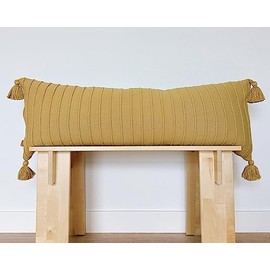 Lumi Living 100% Soft Cotton Raised Stripes Textured Rib Knit Lumbar Throw Pillow Cover with Tassels 14x36 (Muted Mustard Yellow)
