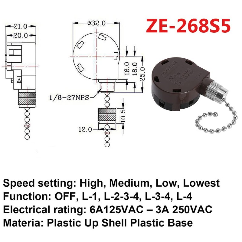 Ceiling Fan Switch Zing Ear ZE-268S5, 4 Speed 5 Wire