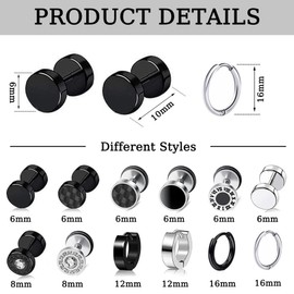BVLAGIDA 12 Pairs of Men's Stainless Steel Earrings, Black Men, Allergy-Free Earrings, Fake Plugs Earrings, Silver Hoop Earrings, Tunnel Earrings for Men and Women