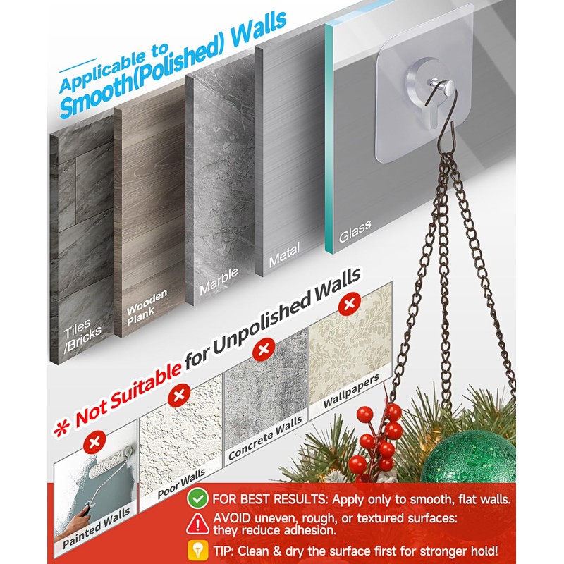 YOGEERNIC Adhesive Hooks for Wall(13lb Max), Wall Hangers Without Nails