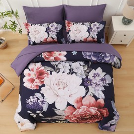 Dintszyayue Floral Bed in a Bag 7 Pieces Dark Purple Comforter Set Queen, Elegant Flower Bedding Sets Soft Bed Comforter Set for All Season with Flat Sheet, Fitted Sheets, Pillowcases & Shams