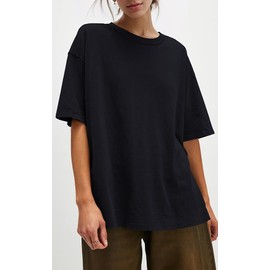 UNCLECAT Womens Oversized T Shirts Summer Trendy Short Sleeve Crew Neck Tops Loose Fit Side Slit Tee Black