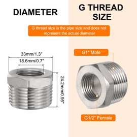 sourcing map 2 Pcs 304 Stainless Steel Reducer Hex Bushing G1 Male x G1/2" Female Threaded Reducing Pipe Adapter Fitting with PTFE Tape for Plumbing, Fuel Lines, and Pneumatic Systems
