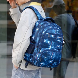 Amythe School Backpack Boys Teenager School Bag School Bag with Trolley Straps 16 Inch Waterproof Daypack Large Nylon Casual Kids Backpack 3-9th Class for School and Travel, light blue square, Casual