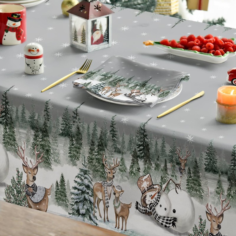 Artoid Mode Snowflakes Trees Snowman Deer Christmas Table Cloth, Rectangular