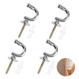 4 PCS Curtain Tieback Hooks, Silver Heavy Duty Tie Back Hooks U Shaped Curtain Tieback Hooks For Curtains Clothes Screw in Keys Coat Hanger Hook Wall Mounted Chrome Decorative Drapery Curtain Hooks