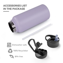 UMBFUN Stainless Steel Drinking Bottle – 1 Litre – with Straw, Leak-Proof, Suitable for Carbonated Drinks, BPA-Free Thermos Bottle (+ 2 Lids) Vacuum Double Wall Insulation for Sports, Travel, Camping,