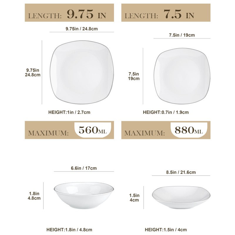 MALACASA Dinnerware Sets, 24 Piece Porcelain Square Dishes, White with