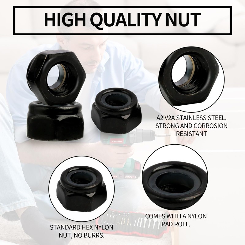 40Pcs M4 M5 Nylon Inserts Hex Lock Nuts 5mm Black