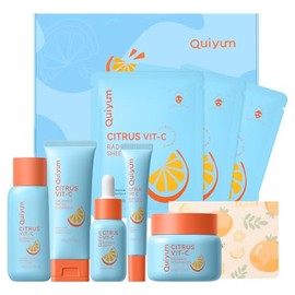 Kit Cuidado Facial Vitamina C 10 Pzas: Limpiador, Tónico, Suero, Crema Ojos, Crema Facial y Mascarillas, Regalo para Mujer, Rutina Antimanchas, Lumino