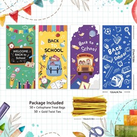 50 PCS Welcome Back to School Cellophane Treat Bags First Day of School Candy Goodie Snack Bags Party Favor Gift Wrapping Bag Bulk for Student Kindergarten Kids Classroom Party Favor Supplies