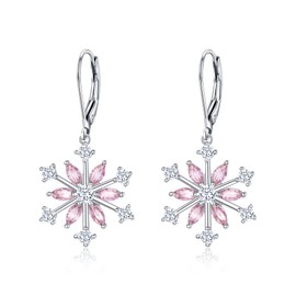 EVER FAITH Snowflake Dangle Earrings, 925 Sterling Silver Pink CZ Snow Flake Levelback Earrings Christmas Accessory