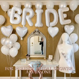 White Bridal Shower party decorations with pearl balloons Bridal Veil BRIDE Balloons Sash with Diamond Ring Heart Balloons Bridal Veil for Bachelorette Party Decor Bride To Be suppiles