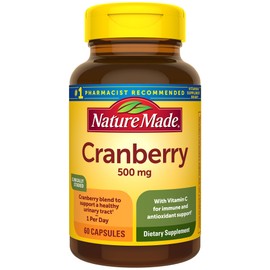 Nature Made Cranberry Supplement 500mg with Vitamin C for Immune & Antioxidant Support, Cranberry Blend for Urinary Tract Health, One Per Day, 60 Capsules