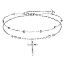 LUHE Cross Ankle Bracelets Sterling Silver Religius Double Chain Anklets Christian Baptism Layered Anklet Jewelry Gifts for Women