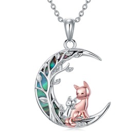 POPLYKE Fox Tree of Life Necklace Sterling Silver Fox Mother Moon Pendant Necklace Abalone Shell Animal Jewelry Gifts for Women