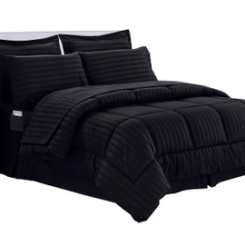 Elegant Comfort Cozy and Soft 8-Piece Bed-in-a-Bag All Season Comforter Set, Includes 4pc Smart Sheet Set, Bed Skirt, Comforter, Matching Pillowcases and Shams, Striped Design, Full/Queen, Black