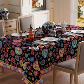 XCHI Colorful Sugar Skull Marigolds Flowers Dia De Los Muertos Tablecloth Rectangle Washable Day of The Dead Mexican Table Covers for Indoor Outdoor Dining Home Party Decorations 60x84 Inch